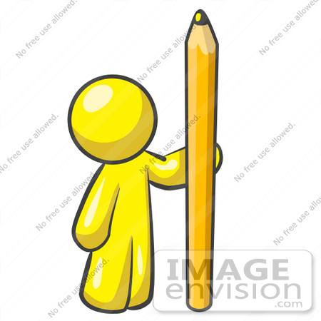 #37731 Clip Art Graphic of a Yellow Guy Character Standing With a Pencil by Jester Arts