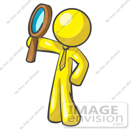 #37734 Clip Art Graphic of a Yellow Guy Character Holding up a Magnifying Glass by Jester Arts