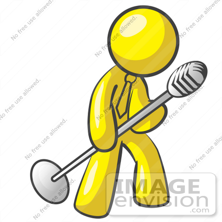 #37735 Clip Art Graphic of a Yellow Guy Character Singing With a Microphone by Jester Arts