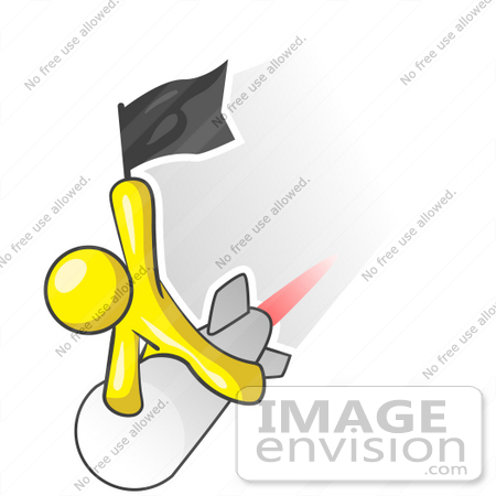 #37736 Clip Art Graphic of a Yellow Guy Character Riding a Rocket by Jester Arts