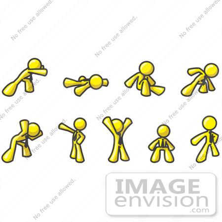 #37737 Clip Art Graphic of a Yellow Guy Character in Different Poses by Jester Arts