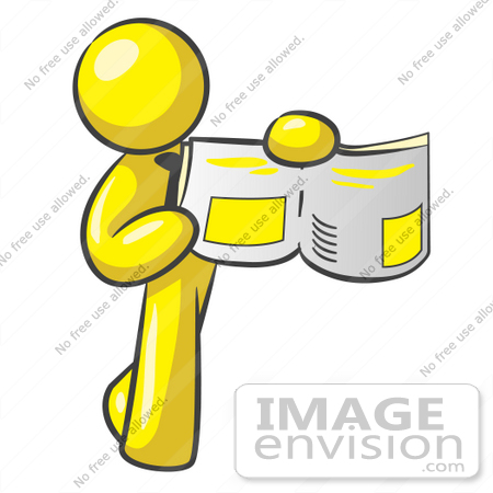 #37739 Clip Art Graphic of a Yellow Guy Character Holding an Open Book by Jester Arts