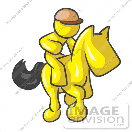#37741 Clip Art Graphic of a Yellow Guy Character Jockey Riding a Horse by Jester Arts