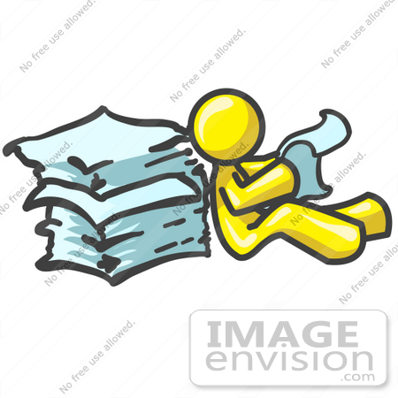 #37748 Clip Art Graphic of a Yellow Guy Character Reading a Stack of Papers by Jester Arts