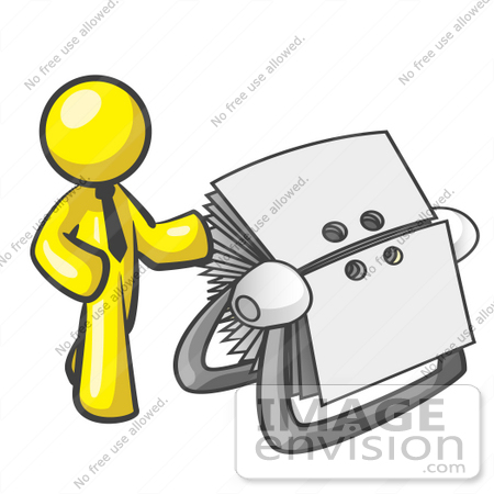 #37749 Clip Art Graphic of a Yellow Guy Character by a Rolodex by Jester Arts