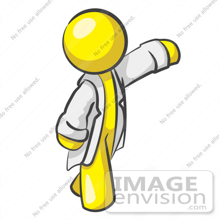 #37751 Clip Art Graphic of a Yellow Guy Character in a Lab Coat, Waving by Jester Arts