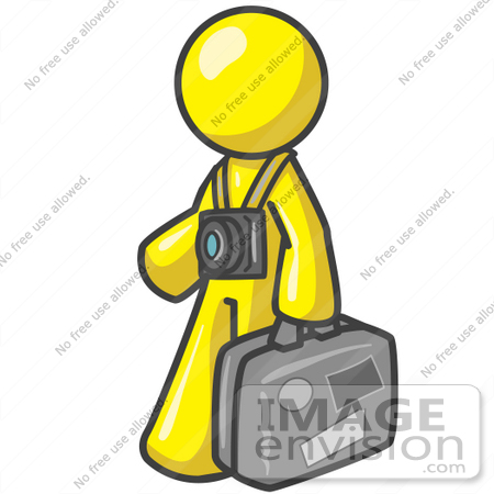 #37752 Clip Art Graphic of a Yellow Guy Character Tourist With Luggage and a Camera by Jester Arts