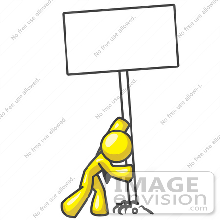 #37764 Clip Art Graphic of a Yellow Guy Character Inserting a Sign in the Ground by Jester Arts