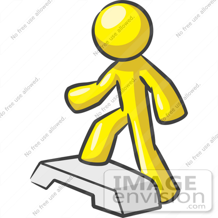 #37766 Clip Art Graphic of a Yellow Guy Character Doing Steps at the Gym by Jester Arts