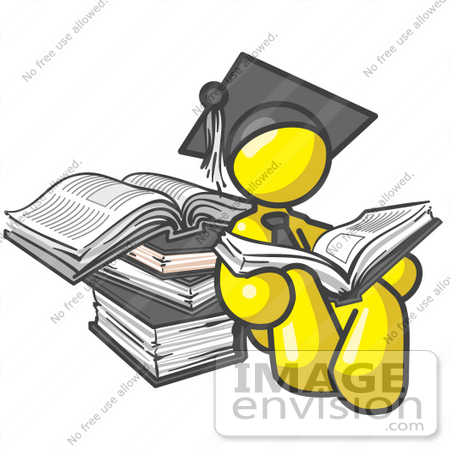 #37767 Clip Art Graphic of a Yellow Guy Character Graduate Reading Books by Jester Arts