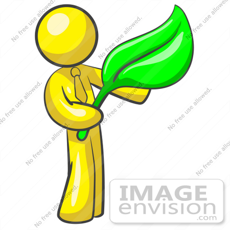 #37774 Clip Art Graphic of a Yellow Guy Character Holding a Green Leaf by Jester Arts