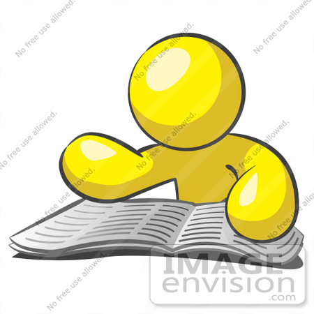 #37777 Clip Art Graphic of a Yellow Guy Character Reading a Book by Jester Arts
