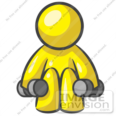 #37783 Clip Art Graphic of a Yellow Guy Character Exercising With Dumbbells by Jester Arts