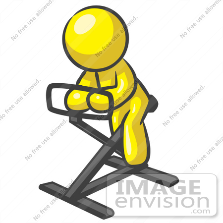 #37787 Clip Art Graphic of a Yellow Guy Character Exercising on a Stationary Bike by Jester Arts