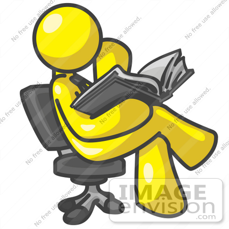 #37789 Clip Art Graphic of a Yellow Guy Character Sitting and Reading by Jester Arts