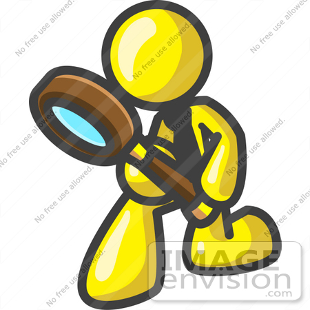 #37792 Clip Art Graphic of a Yellow Guy Character Kneeling and Peering Through a Magnifying Glass by Jester Arts
