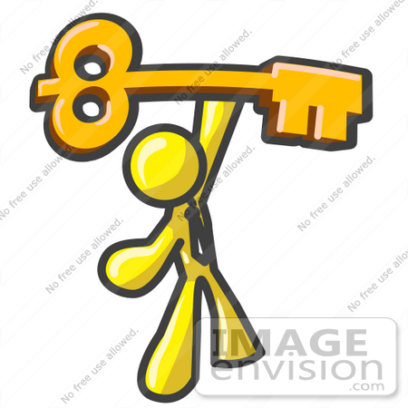 #37793 Clip Art Graphic of a Yellow Guy Character Holding up a Skeleton Key by Jester Arts
