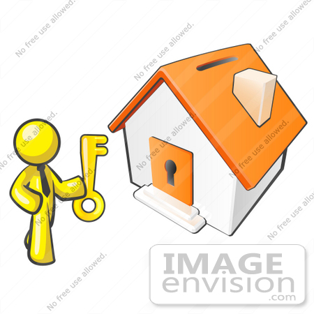 #37795 Clip Art Graphic of a Yellow Guy Character Holding the Key to a House by Jester Arts