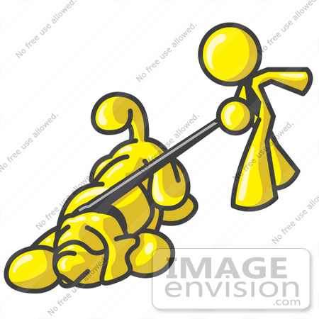 #37797 Clip Art Graphic of a Yellow Guy Character Walking a Dog by Jester Arts