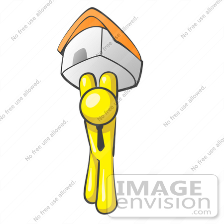#37802 Clip Art Graphic of a Yellow Guy Character Holding up a House by Jester Arts