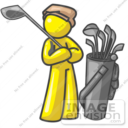 #37804 Clip Art Graphic of a Yellow Guy Character Golfing by Jester Arts