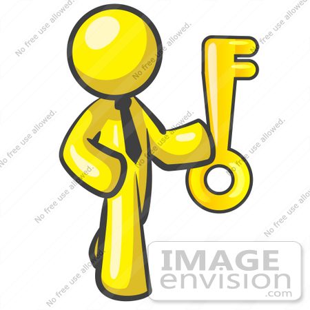 #37806 Clip Art Graphic of a Yellow Guy Character Holding a Key by Jester Arts