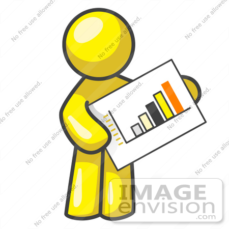 #37810 Clip Art Graphic of a Yellow Guy Character Holding a Printed Bar Graph by Jester Arts