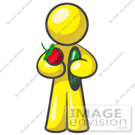 #37813 Clip Art Graphic of a Yellow Guy Character Holding Veggies by Jester Arts