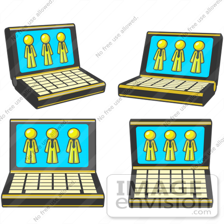 #37818 Clip Art Graphic of a Yellow Guy Character on Laptop Screens by Jester Arts