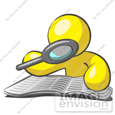 #37824 Clip Art Graphic of a Yellow Guy Character Reading With a Magnifying Glass by Jester Arts