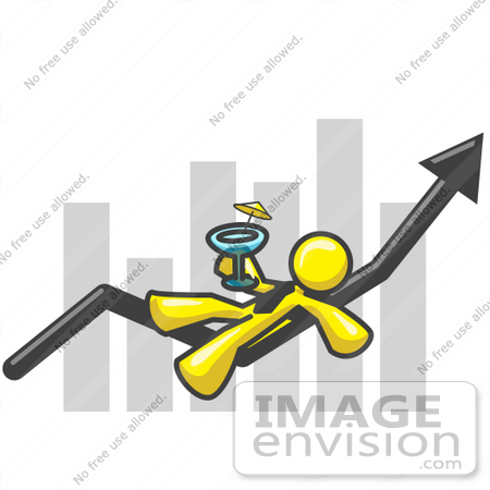 #37827 Clip Art Graphic of a Yellow Guy Character Drinking a Cocktail on a Bar Graph by Jester Arts