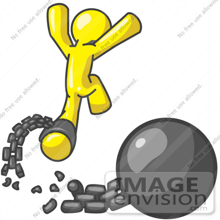 #37828 Clip Art Graphic of a Yellow Guy Character Breaking Free From a Ball and Chain by Jester Arts