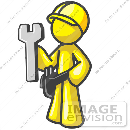 #37829 Clip Art Graphic of a Yellow Guy Character Holding a Wrench by Jester Arts