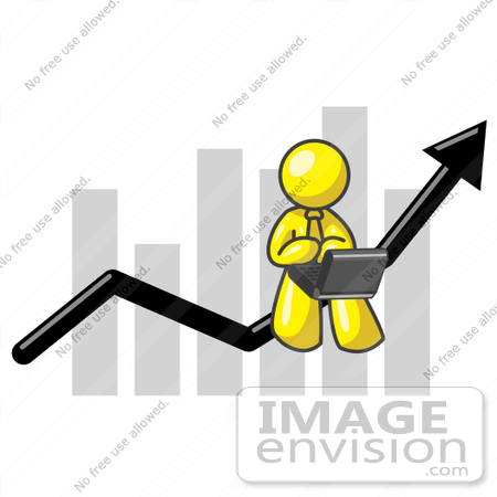 #37834 Clip Art Graphic of a Yellow Guy Character Using a Laptop on a Bar Graph by Jester Arts
