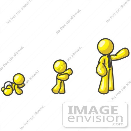 #37838 Clip Art Graphic of a Yellow Guy Character Growing From a Baby to a Man by Jester Arts