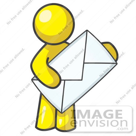 #37841 Clip Art Graphic of a Yellow Guy Character Holding an Envelope by Jester Arts