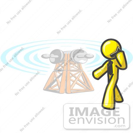 #37844 Clip Art Graphic of a Yellow Guy Character Talking on a Phone by a Tower by Jester Arts