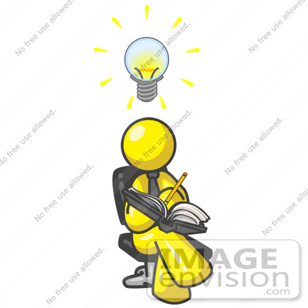 #37846 Clip Art Graphic of a Yellow Guy Character Jotting Ideas Down by Jester Arts