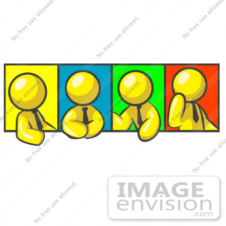 #37849 Clip Art Graphic of a Yellow Guy Character in Different Poses With Colorful Backgrounds by Jester Arts