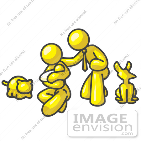 #37853 Clip Art Graphic of a Yellow Guy Character Family With Pets by Jester Arts
