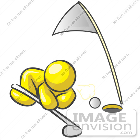 #37857 Clip Art Graphic of a Yellow Guy Character Trying to Blow a Golf Ball Into the Hole by Jester Arts