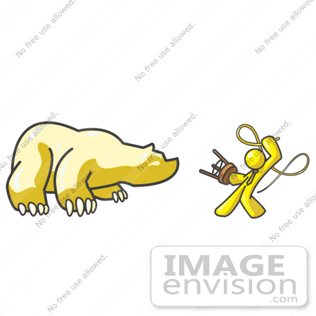 #37860 Clip Art Graphic of a Yellow Guy Character Taming a Bear by Jester Arts