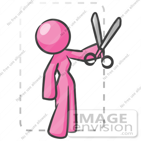 #37869 Clip Art Graphic of a Pink Lady Character Cutting Coupons by Jester Arts