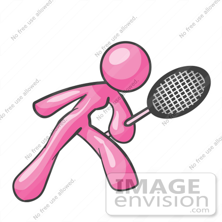 #37871 Clip Art Graphic of a Pink Lady Character Playing Tennis by Jester Arts