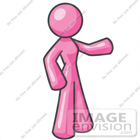 #37873 Clip Art Graphic of a Pink Lady Character Pointing by Jester Arts
