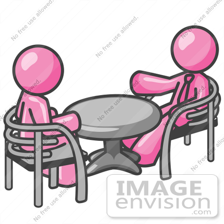 #37874 Clip Art Graphic of Pink Guy Characters Talking at a Table by Jester Arts