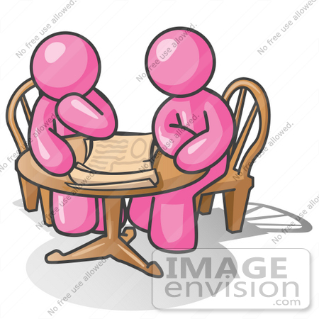 #37878 Clip Art Graphic of Pink Guy Characters Planning at a Table by Jester Arts