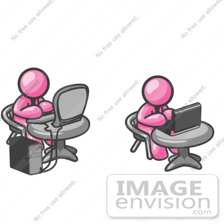 #37879 Clip Art Graphic of Pink Guy Characters Using Laptop and Desktop Computers by Jester Arts