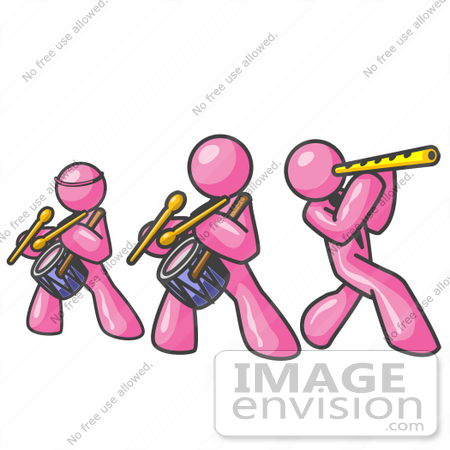 #37882 Clip Art Graphic of Pink Guy Characters Playing a Flute and Drums in a Band by Jester Arts