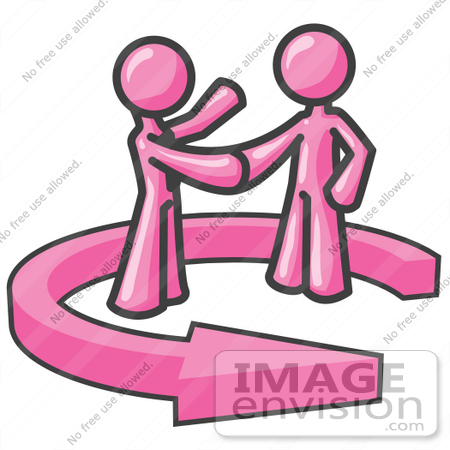 #37888 Clip Art Graphic of Pink Guy Characters Shaking Hands in an Arrow Circle by Jester Arts